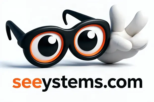 Logo de Seeystems.com: unas gafas con ojos naranja y una mano haciendo el signo de paz